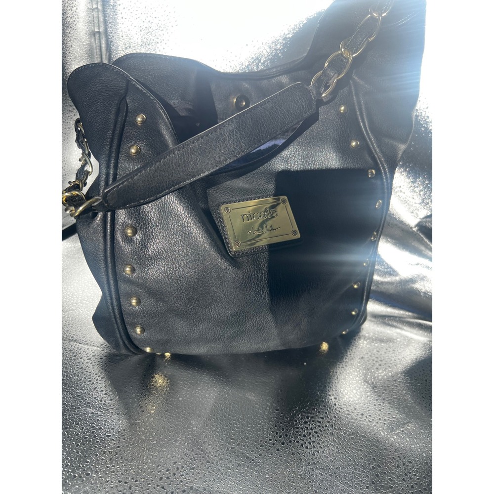Nicole by Nicole Miller Black Studded Hobo Bag Gold Hardware Shoulder Purse - Picture 3 of 3